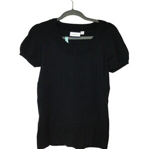 Croft & Barrow Knit Top Short Sleeve Ruffle Neck Black Blouse Size S (130)